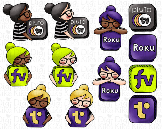 Streaming Services Set 3 – Elena Planner Girl – COLOR Clipart – Pluto, Roku, Tubi & More – Instant Download PNG