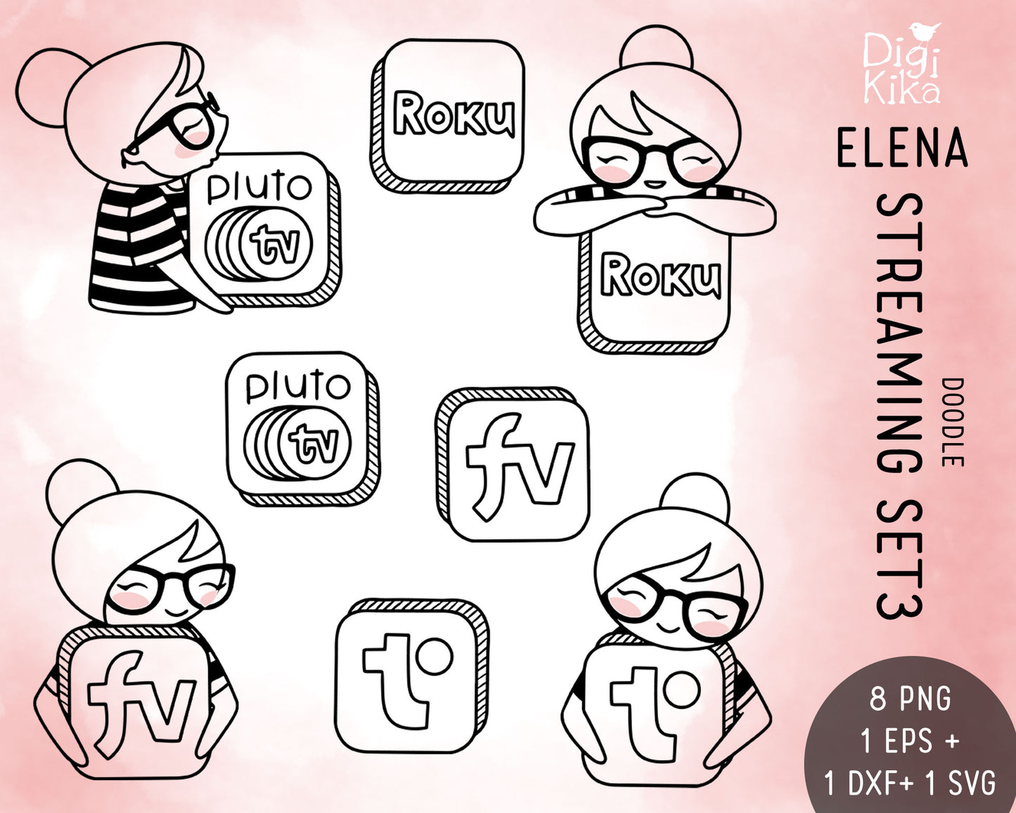 Streaming Services Set 3 – Elena Planner Girl – STAMP Clipart – Pluto, Roku, Tubi & More – PNG, SVG, EPS & DXF