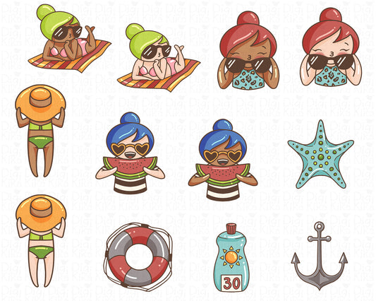 Elena Summer Please Color Clipart | 2 Skin Tones Beach Graphics | PNG | Commercial Use | Inclusive