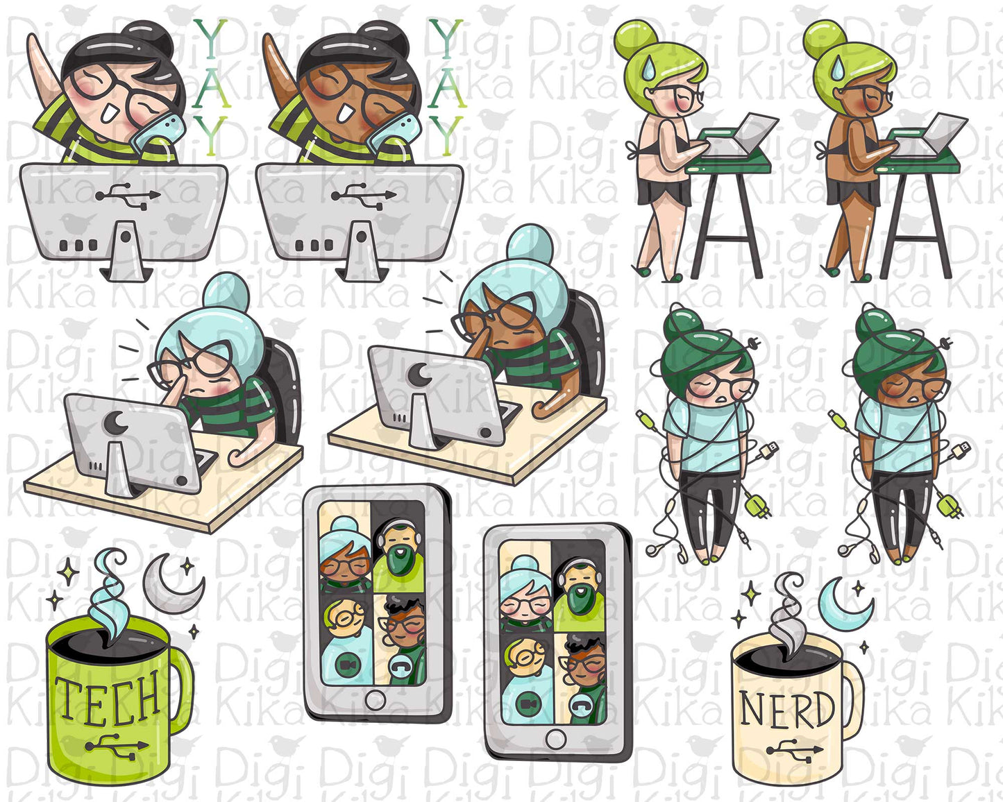 Elena Tech Nerd Color Clipart | 2 Skin Tones Coding Graphics | PNG | Inclusive