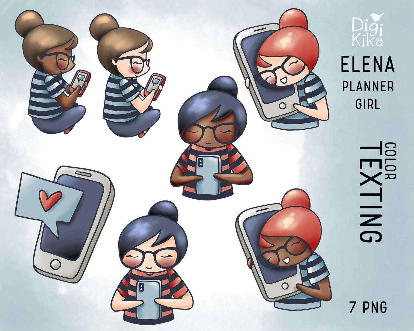 Elena Texting Color Clipart | 2 Skin Tones Phone Chat | PNG | Commercial Use | Inclusive