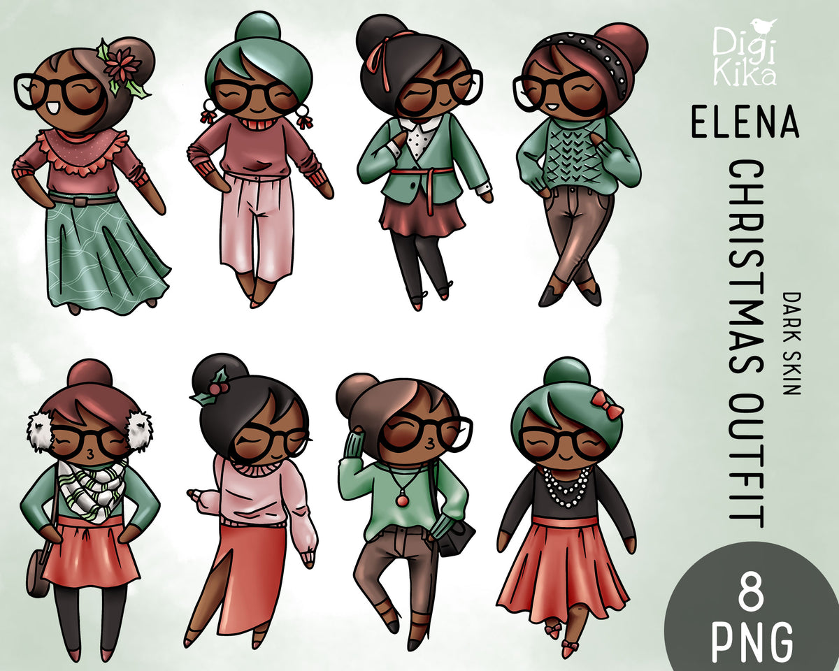 Elena Christmas 8 Outfits Dark Skin Color Clipart | PNG Only | Commercial Use