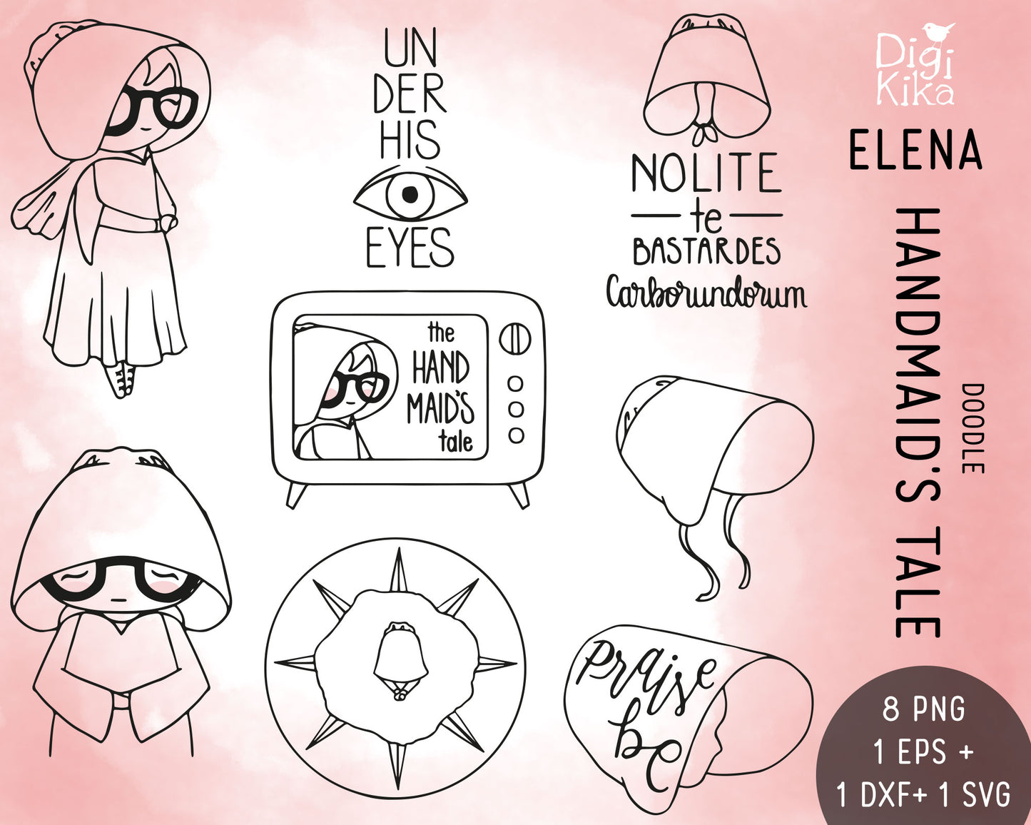 Elena Handmaid's Tale Fan Art Clipart | Outline Doodle Graphics | EPS SVG DXF PNG | Commercial Use