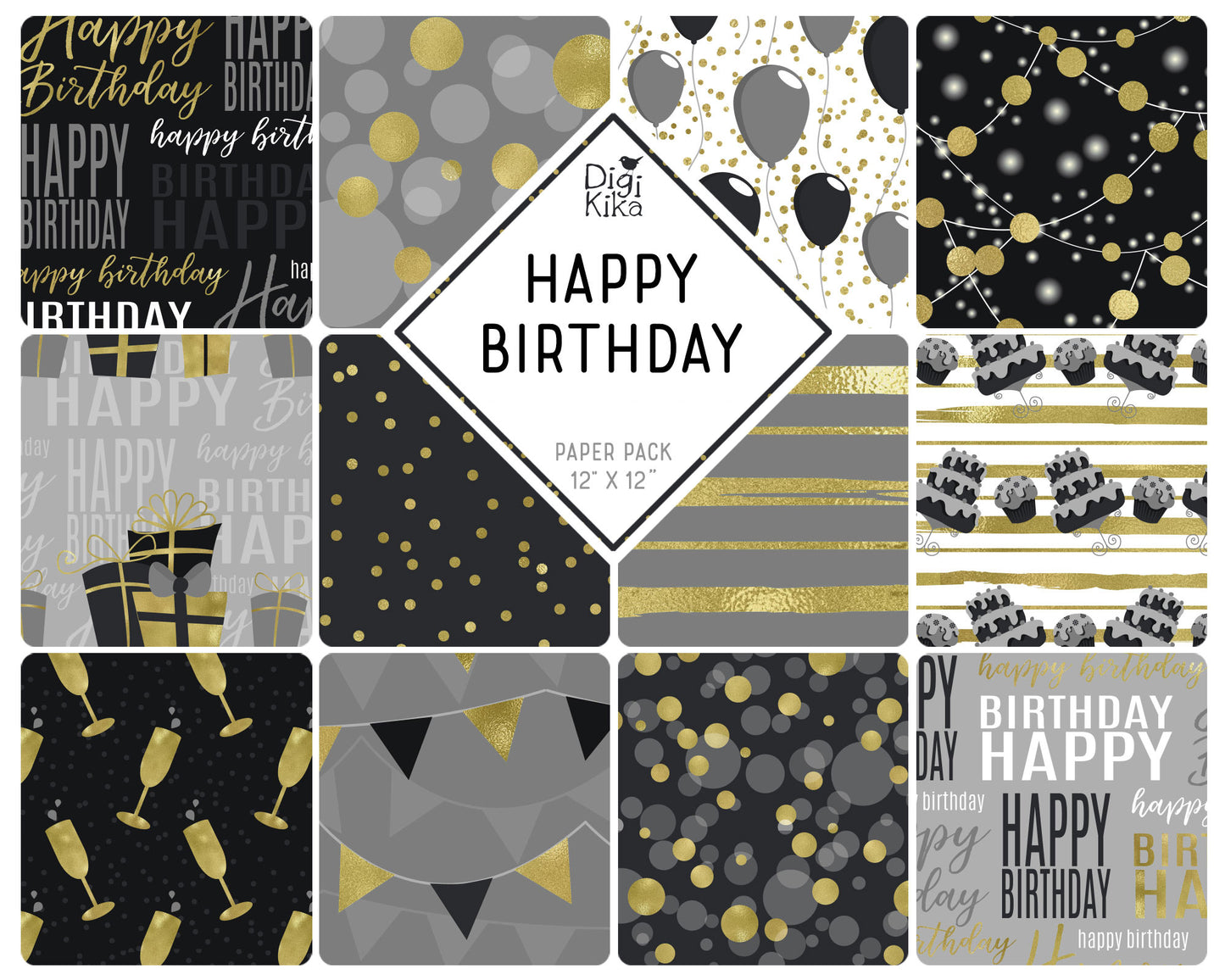Happy Birthday Digital Papers – Black & Gold Theme – Elegant Printable Backgrounds – Instant Download