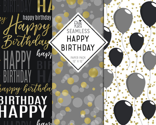 Happy Birthday Digital Papers – Black & Gold Theme – Elegant Printable Backgrounds – Instant Download