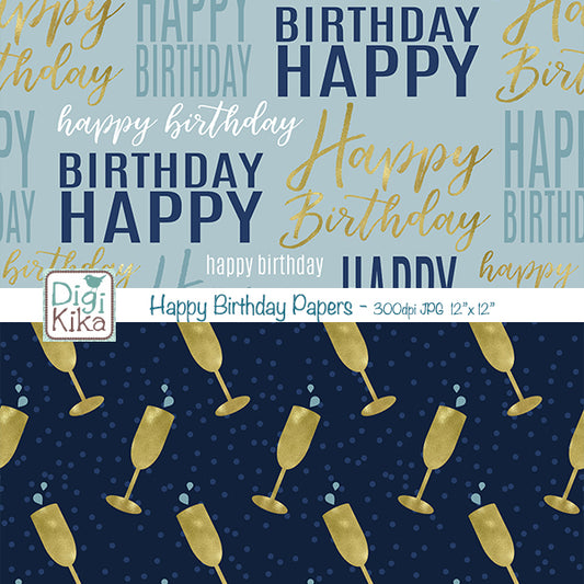 Birthday Digital Papers – Blue & Gold Theme – Elegant Printable Backgrounds – Scrapbooking & Crafts – Instant Download