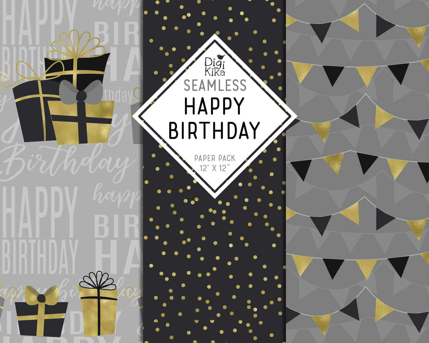 Happy Birthday Digital Papers – Black & Gold Theme – Elegant Printable Backgrounds – Instant Download