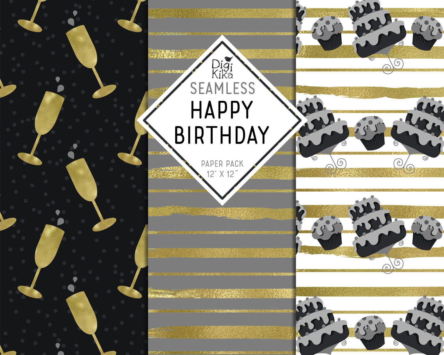 Happy Birthday Digital Papers – Black & Gold Theme – Elegant Printable Backgrounds – Instant Download