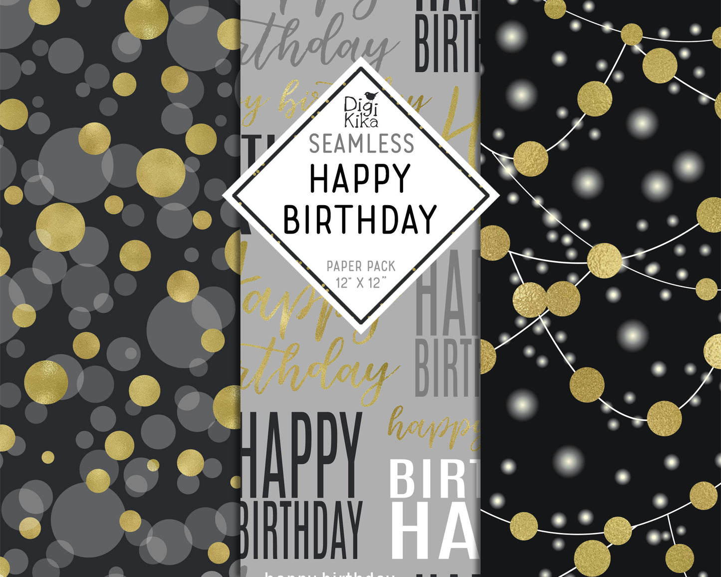 Happy Birthday Digital Papers – Black & Gold Theme – Elegant Printable Backgrounds – Instant Download