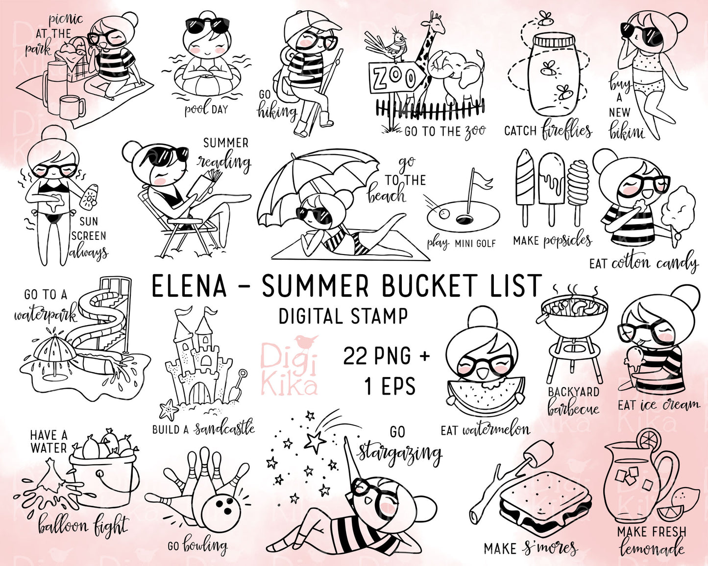 Collection of black and white illustrations with text on a pink background, titled 'Elena - Summer Bucket List'.