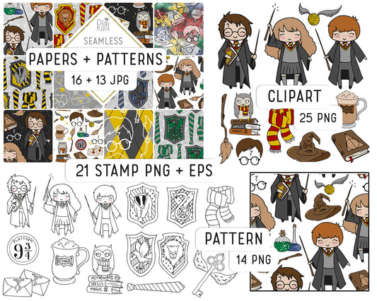 Magical School Bundle – Wizard-Inspired Clipart, Digital Papers & Elements – PNG + JPG – Instant Download