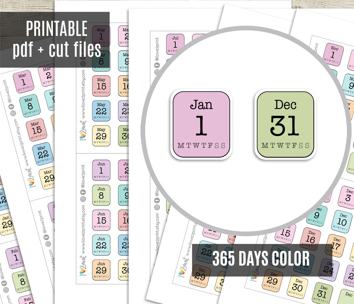 Printable 365 Days - Color Planner Stickers - PDF & Cut Files