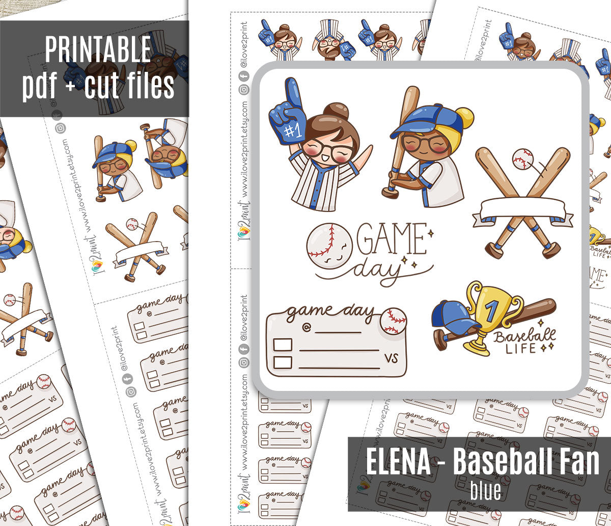 Elena Baseball Fan – BLUE Printable Planner Stickers – Team Spirit & Sport – PDF + Cut Files – Instant Download