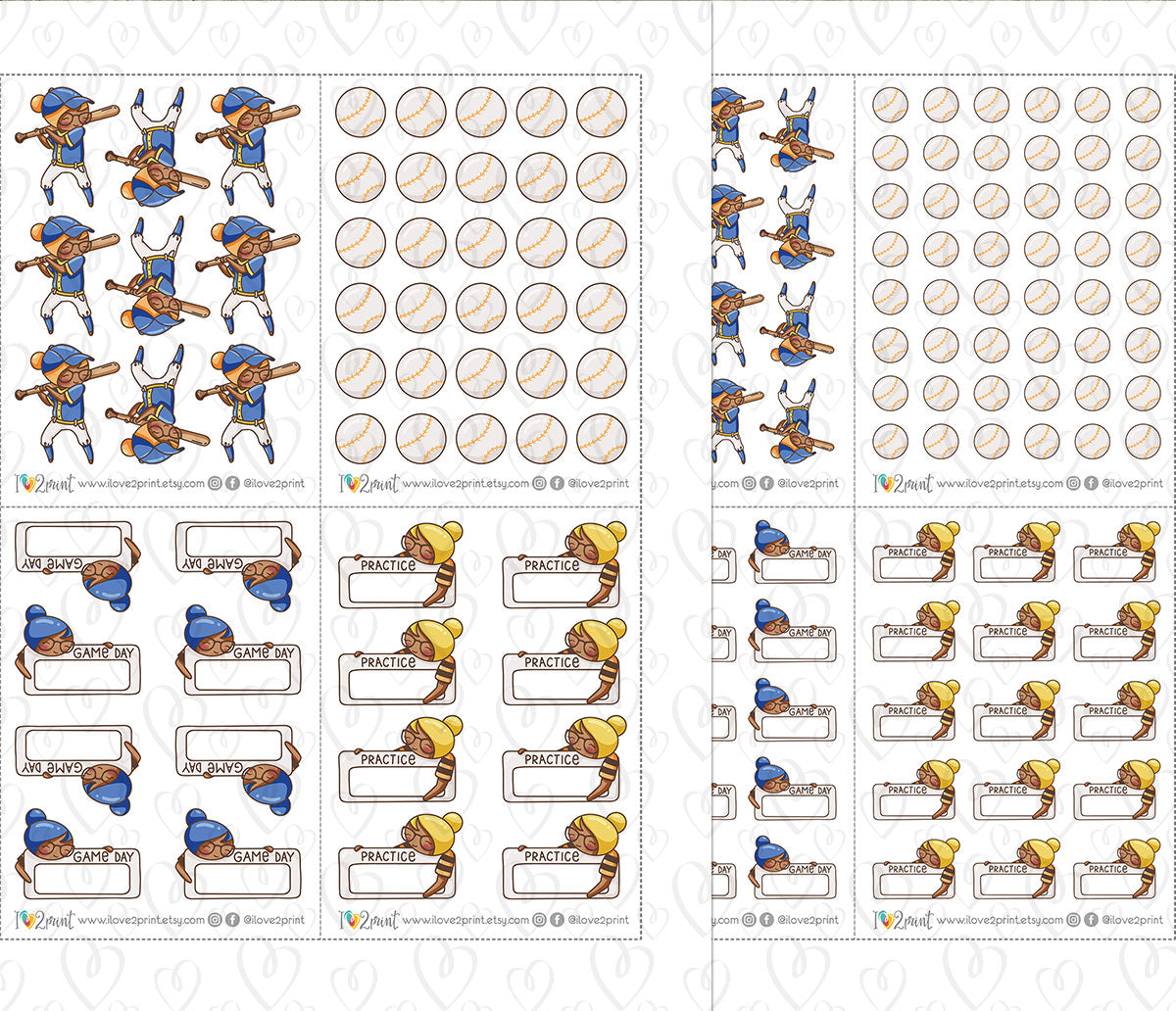 Elena Baseball Tracker – COLOR Printable Planner Stickers – Practice & Game Day – PDF + Cut Files