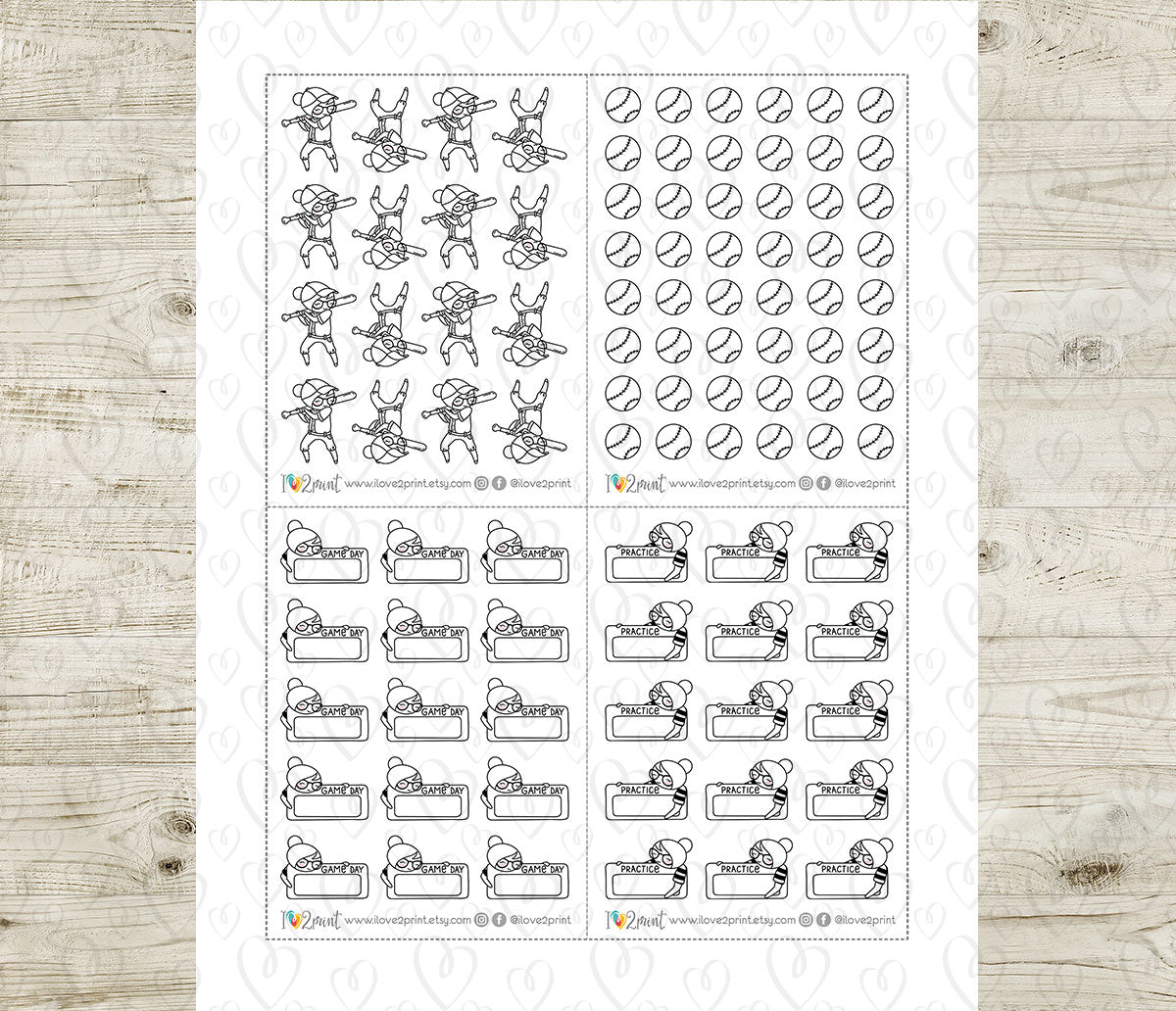 Elena Baseball Tracker – DOODLE Printable Planner Stickers – Practice & Game Day – PDF + Cut Files