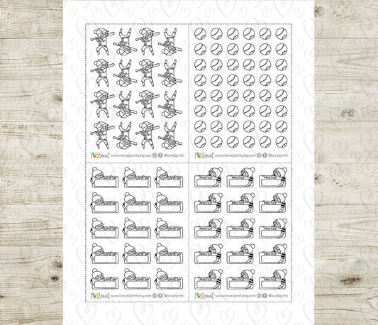 Elena Baseball Tracker – DOODLE Printable Planner Stickers – Practice & Game Day – PDF + Cut Files