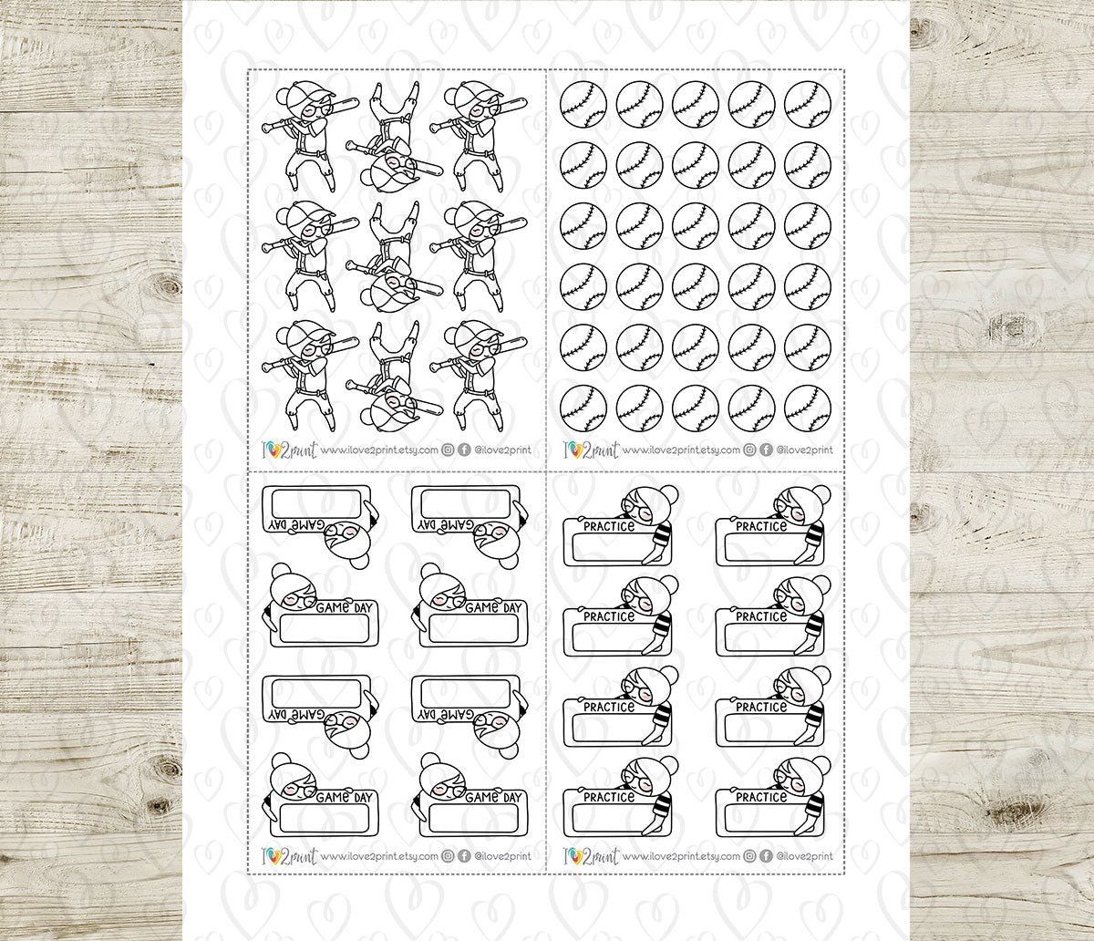 Elena Baseball Tracker – DOODLE Printable Planner Stickers – Practice & Game Day – PDF + Cut Files