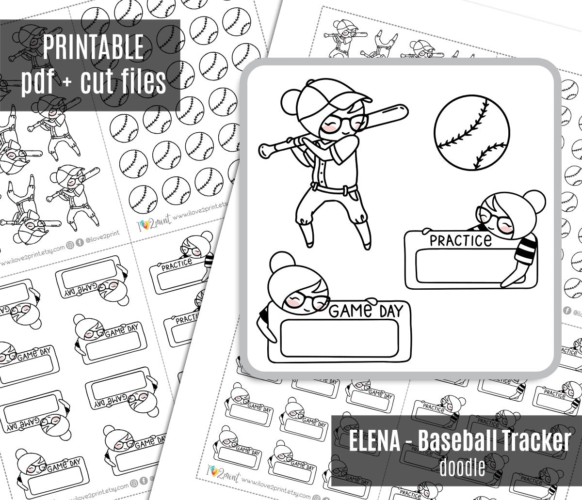 Elena Baseball Tracker – DOODLE Printable Planner Stickers – Practice & Game Day – PDF + Cut Files