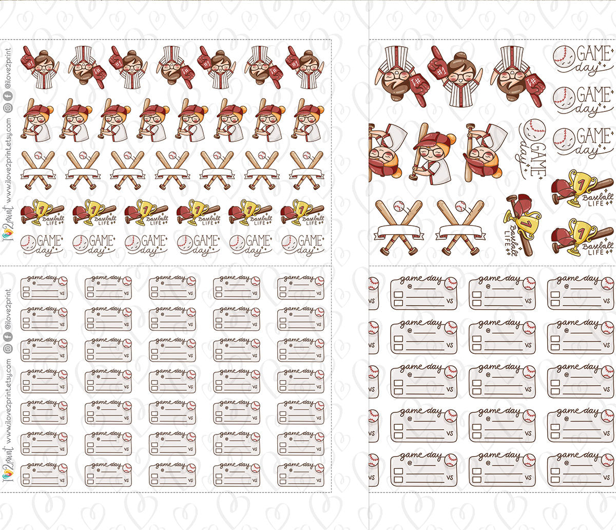 Elena Baseball Fan – RED Printable Planner Stickers – Team Spirit & Sport – PDF + Cut Files – Instant Download