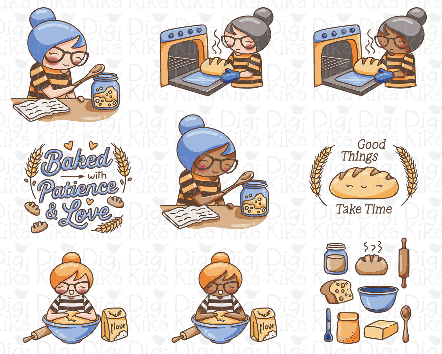 Elena Sourdough Bread Color Clipart | 2 Skin Tones Bakery | PNG | Commercial Use | Inclusive
