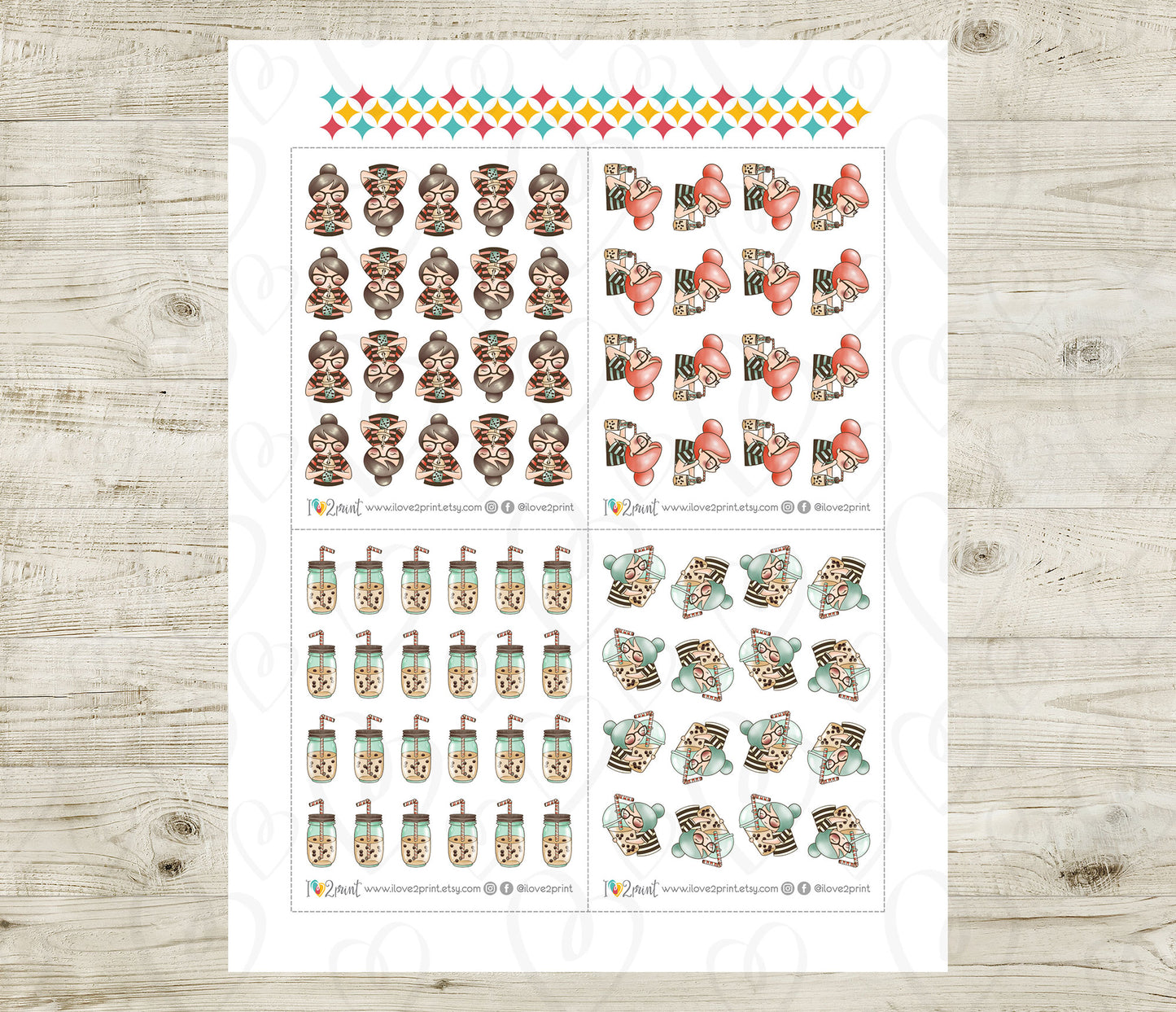 Sheet of planner stickers with various bubble tea stickers on a wooden surface