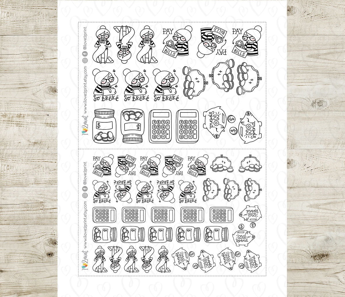 Elena Budgeting Doodle Printable Planner Stickers | Outline Finance | 2 Sizes | PDF Cut Files