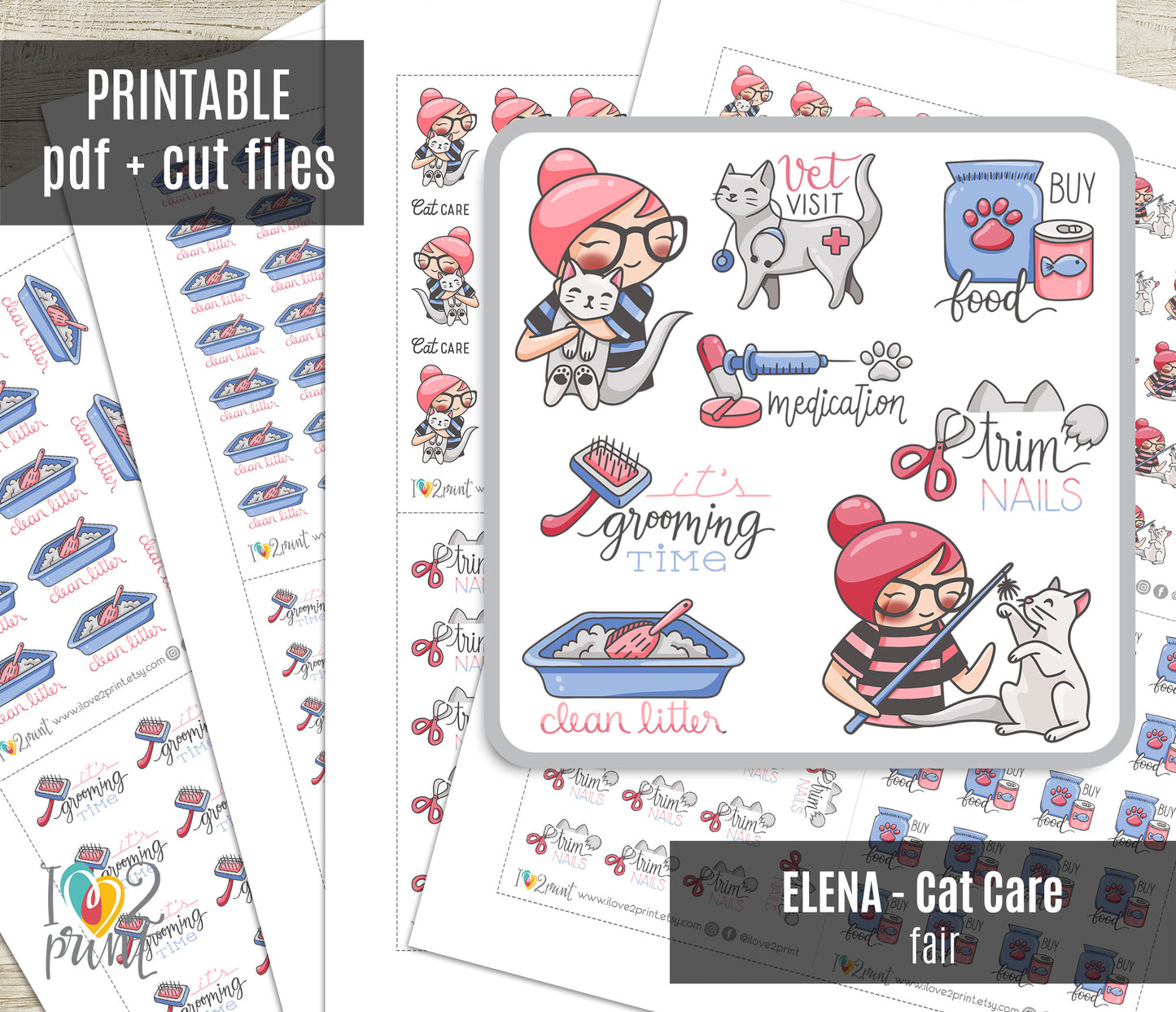 Elena Cat Care - FAIR SKIN Printable Planner Sticker - PDF & Cut Files