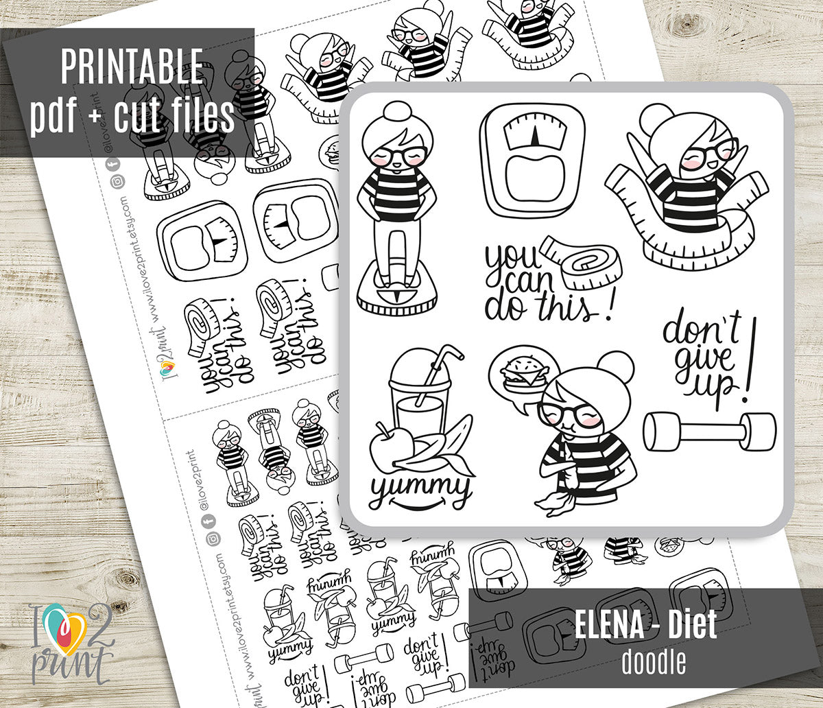 Elena Dieta - Adesivo para planejador DOODLE para impressão - PDF e arquivos recortados