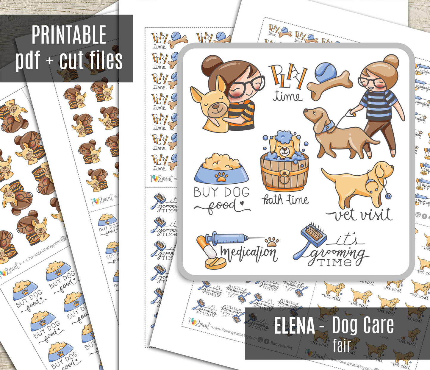 Elena Dog Care – FAIR SKIN Printable Planner Stickers – Pet Routine – PDF + Cut Files – Instant Download