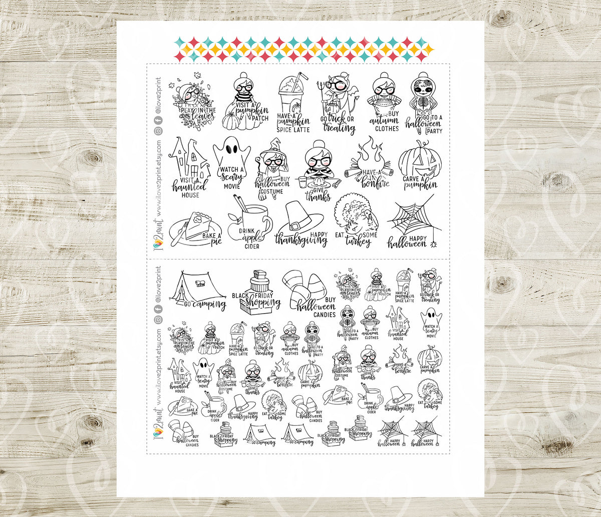 Elena Fall Bucket List Printable Stickers Outline | Color In | Criut and Silhouett Cut Files
