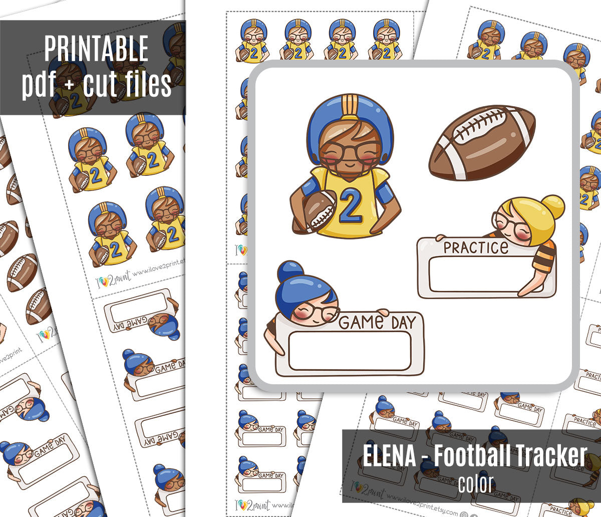 Elena Football Tracker – COLOR Printable Planner Stickers – Practice & Game Day – PDF + Cut Files