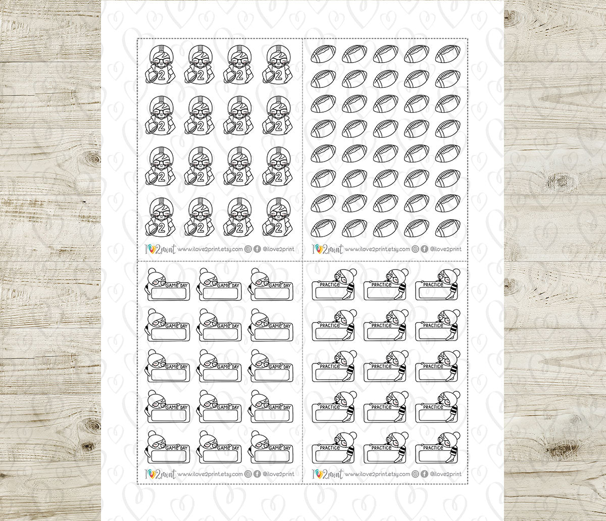 Elena Football Tracker – DOODLE Printable Planner Stickers – Practice & Game Day – PDF + Cut Files