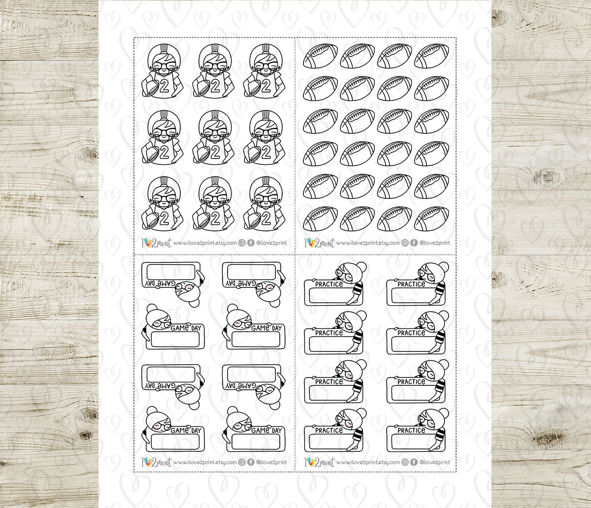 Elena Football Tracker – DOODLE Printable Planner Stickers – Practice & Game Day – PDF + Cut Files