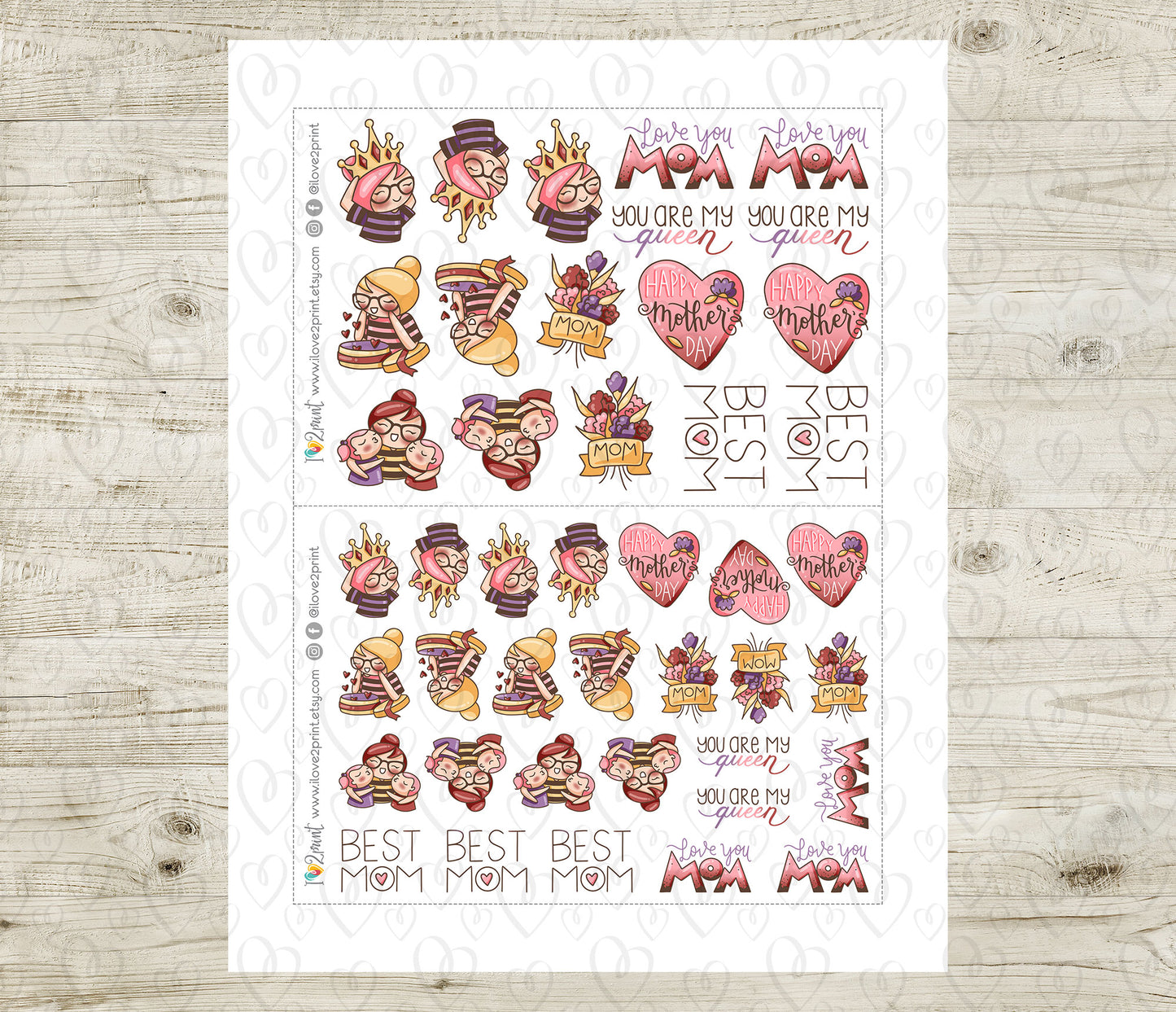 Sheet of decorative stickers with various designs on a wooden surface