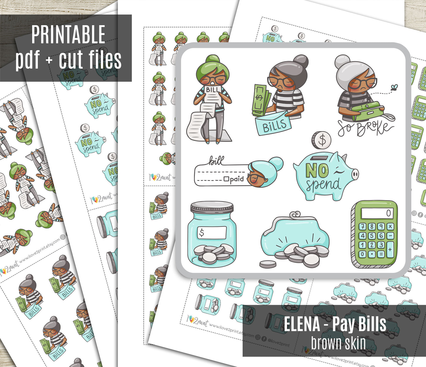 Pay Bills Elena - BROWN SKIN Printable Planner Sticker - PDF & Cut Files