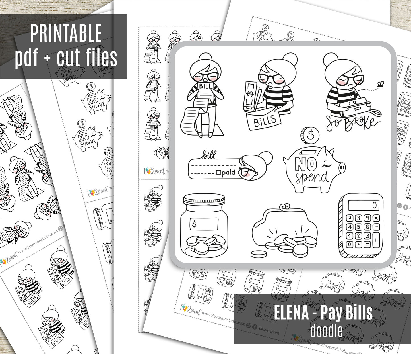Pay Bills Elena - DOODLE Printable Planner Sticker - PDF & Cut Files