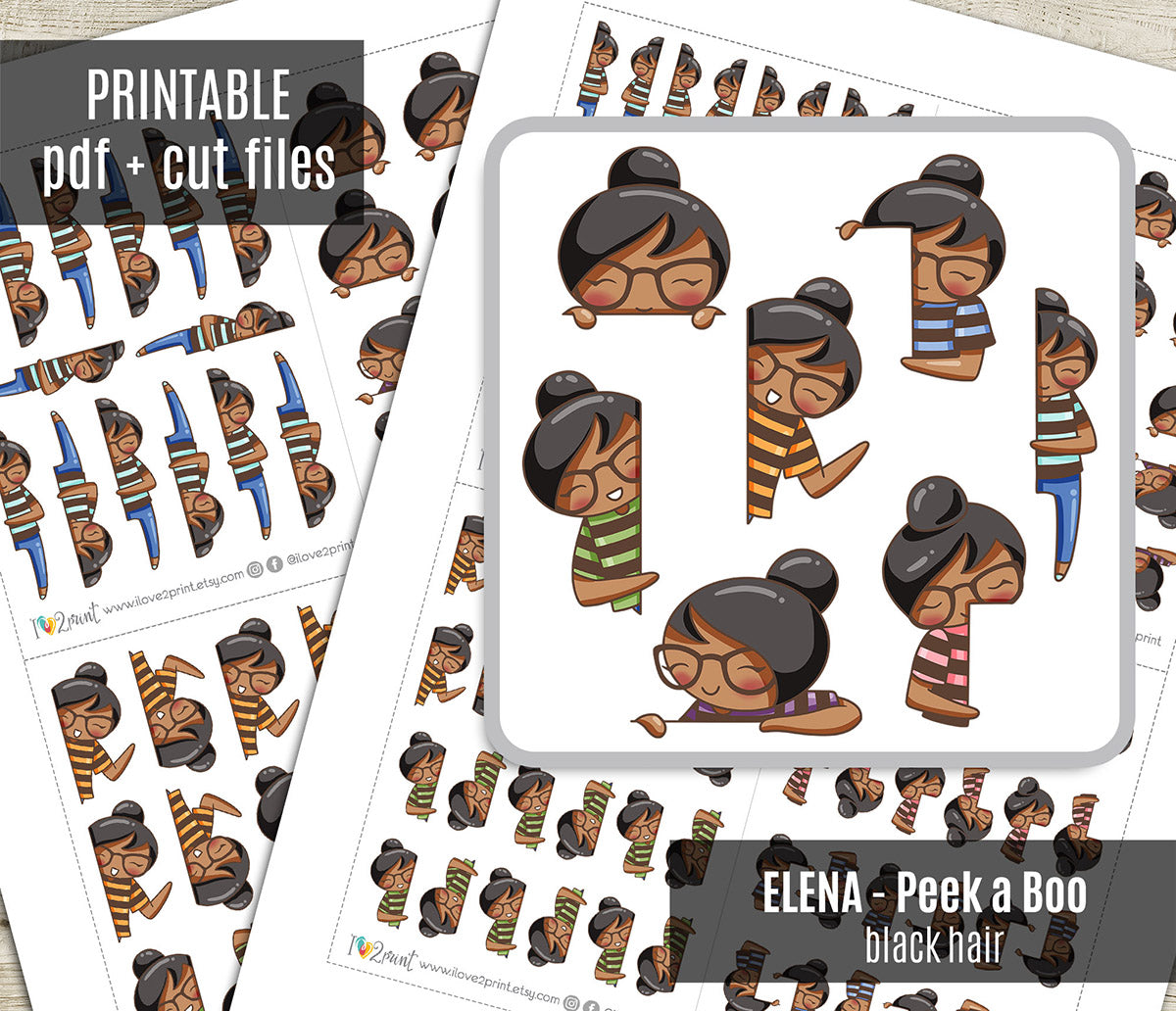 Elena Peek a Boo Printable Planner Sticker - Brown Skin & Black Hair - PDF & Cut Files