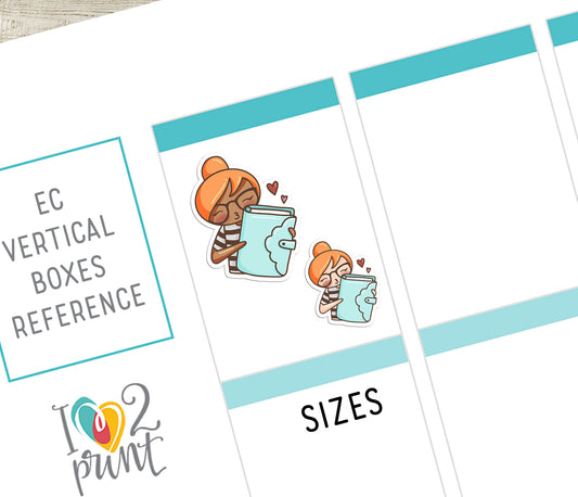 Cartoon character with a planner and hearts, labeled 'EC Vertical Boxes Reference Sizes', stickers on a white background.