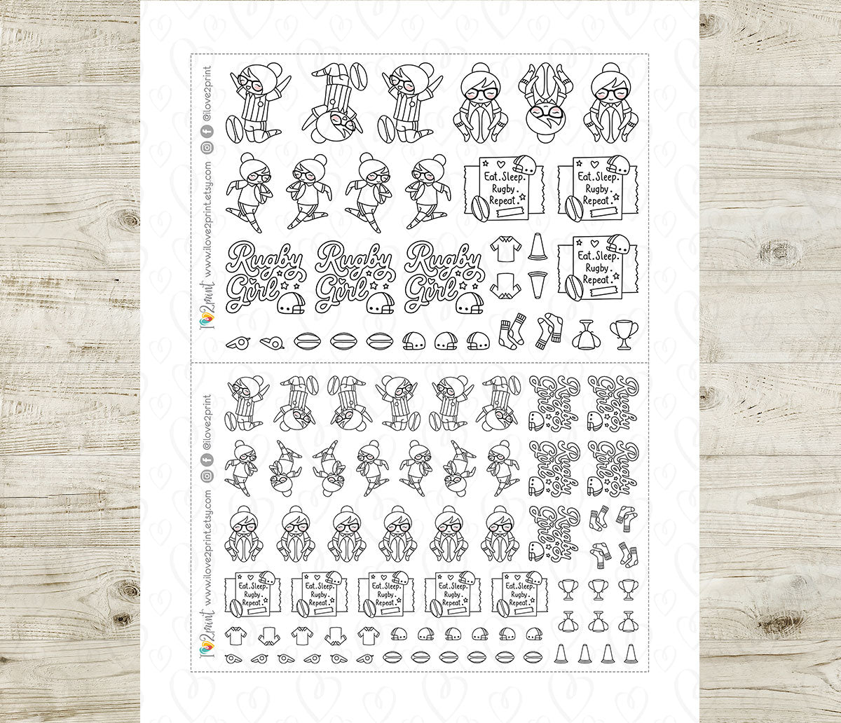 Elena Rugby Printable Stickers Outline | Color In | PDF + Cut Files