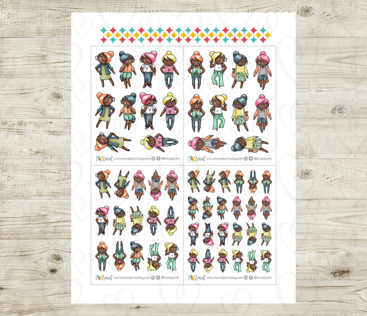 Elena Spring Outfits Dark Skin Printable Stickers | Fashion Color | 2 Sizes | PDF Cut Files