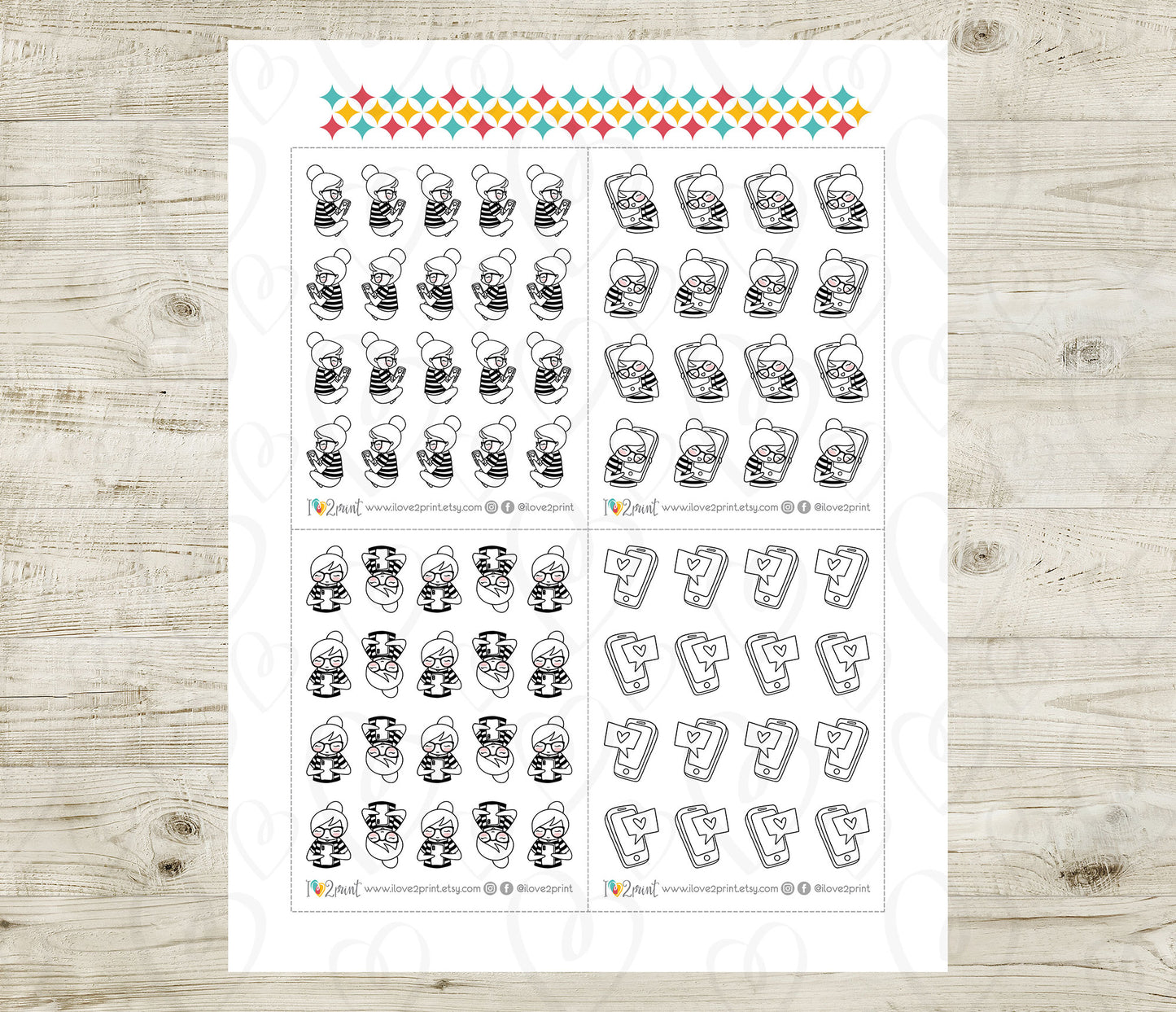 Elena Texting Doodle Printable Planner Stickers | Outline Phone Chat | 2 Sizes | PDF Cut Files