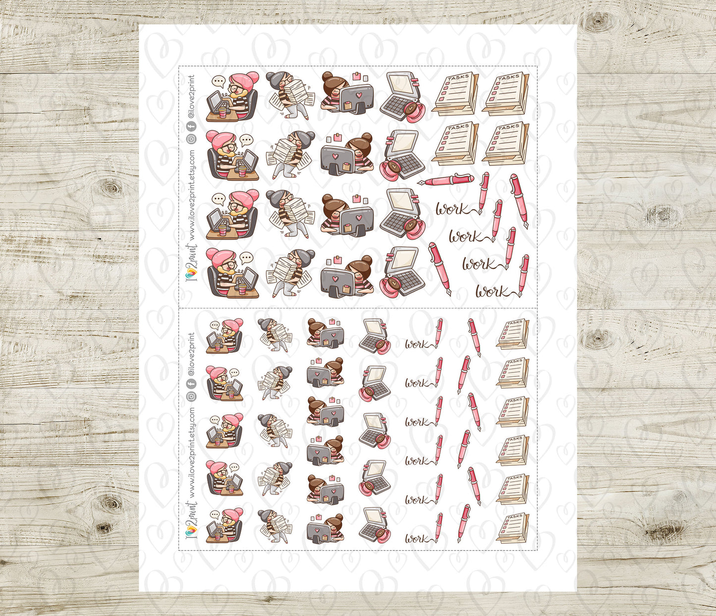 Sheet of planner stickers with various work and office designs on a wooden surface