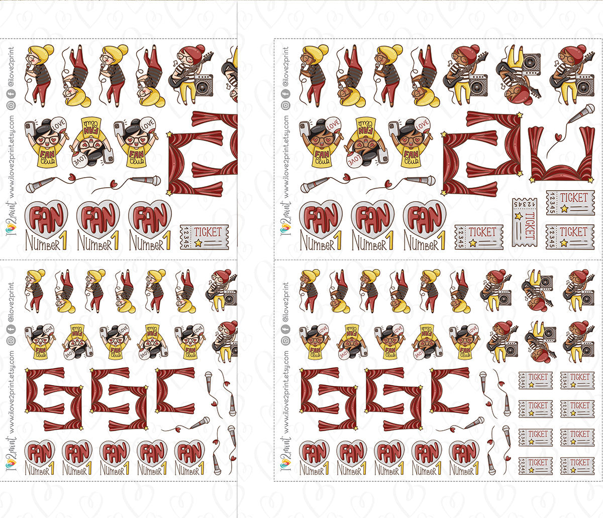 Elena Music Concert Color Printable Stickers | 2 Skin Tones Singer Guitar | PDF Cut Files
