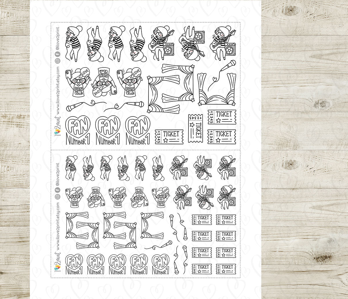 Elena Music Concert Doodle Printable Planner Stickers | Outline Singer Guitar | PDF Cut Files