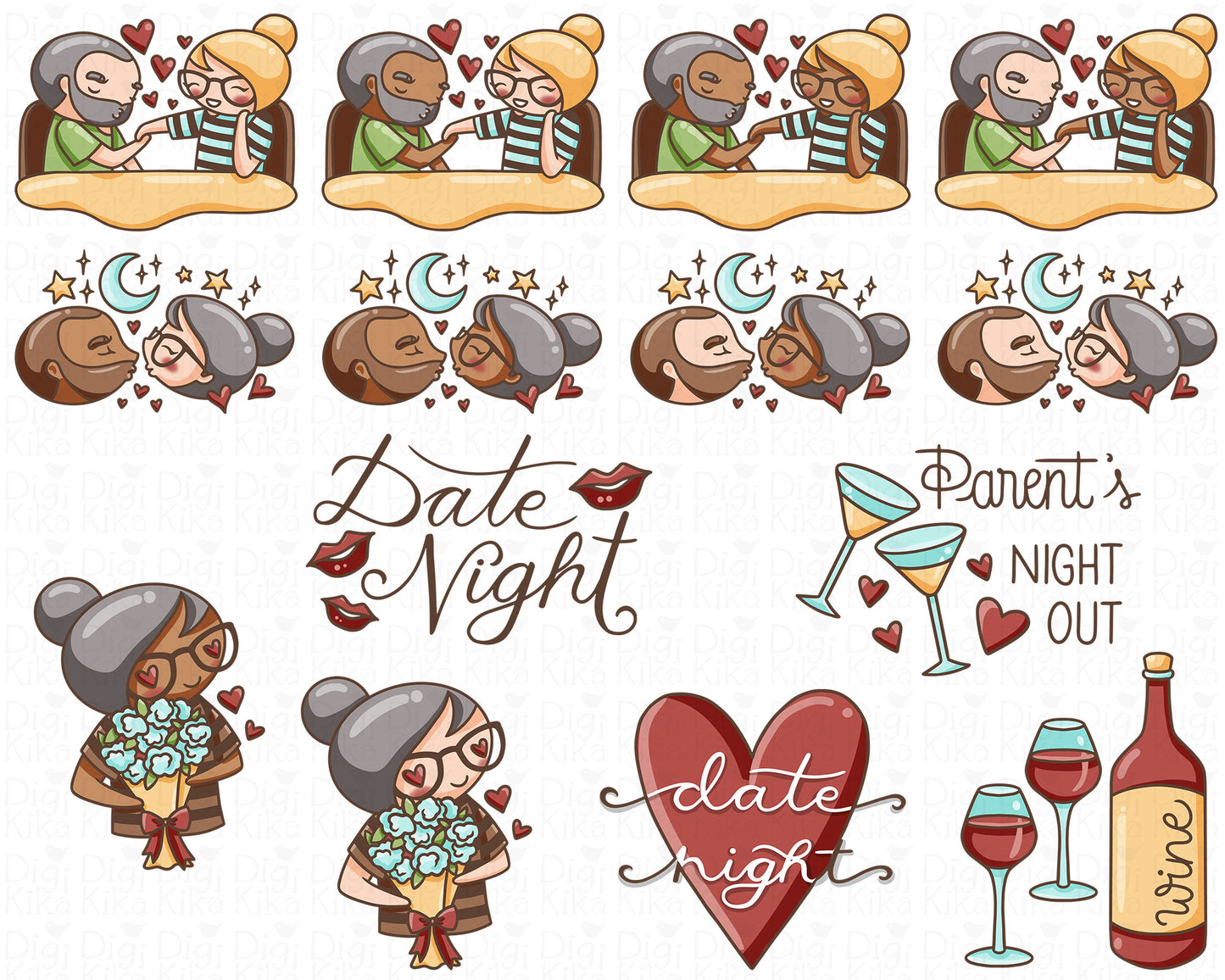 Elena Date Night Color Clipart | 4 Couple Variations | Romantic Graphics | PNG | Commercial Use