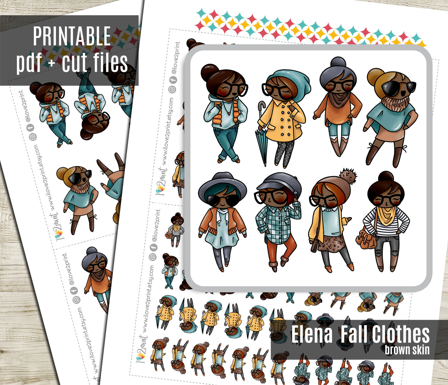Elena Fall Outifit SET 1 – Dark Skin Printable Planner Stickers – PDF + Cut Files