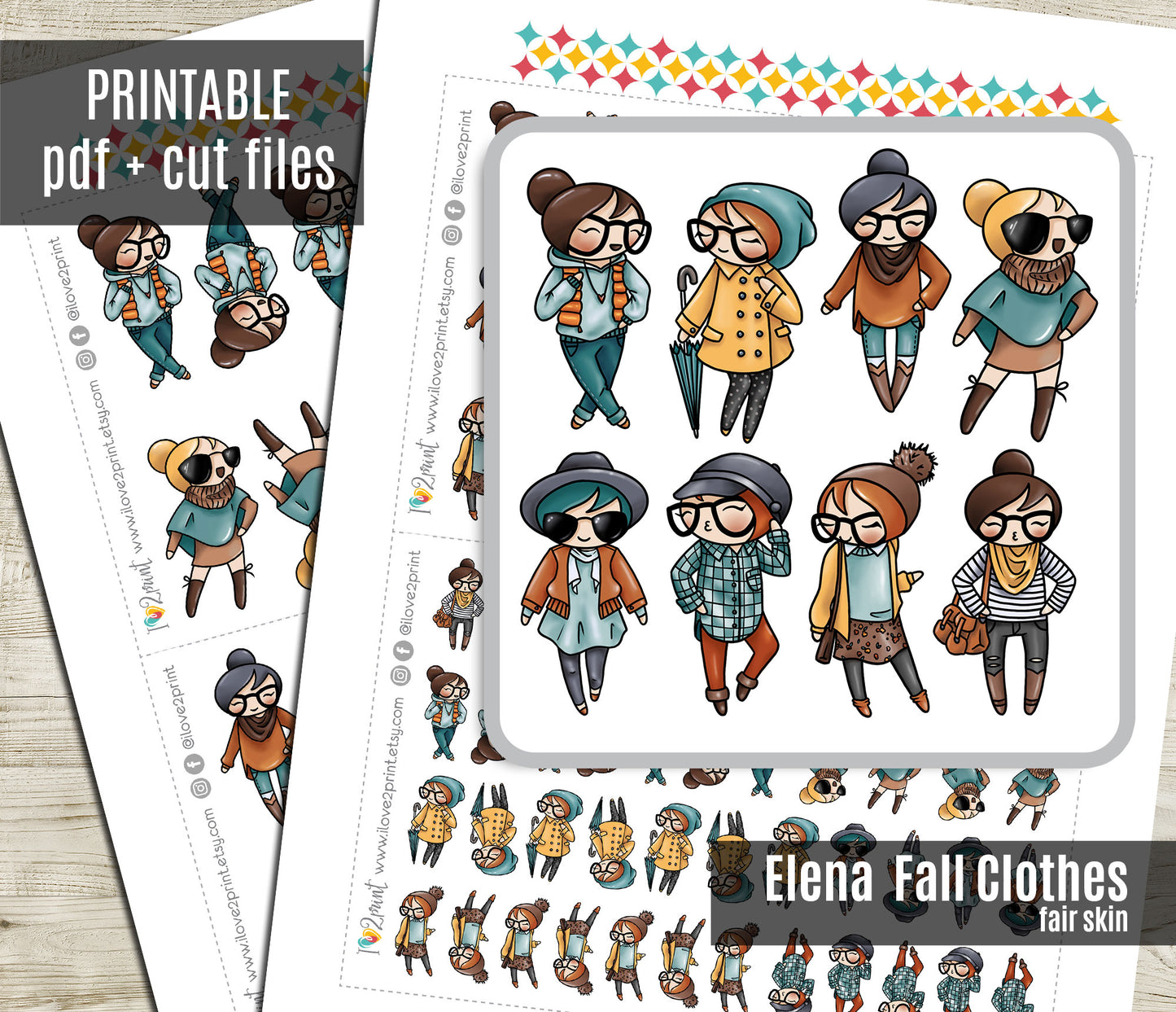 Elena Fall Outifit SET 1 – Light Skin Printable Planner Stickers – PDF + Cut Files