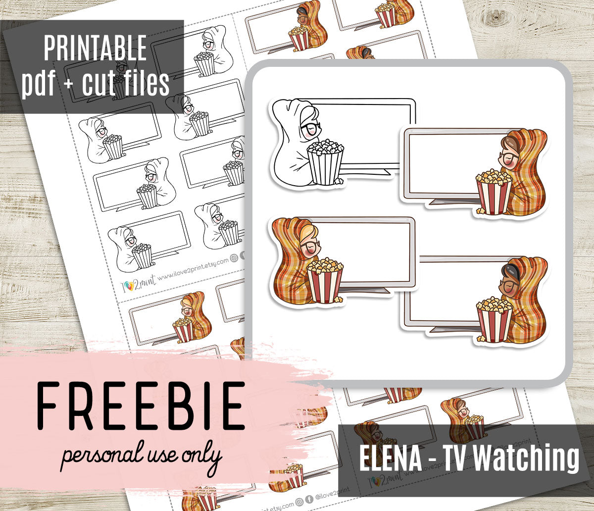 FREEBIE – Elena Fall TV Watching – Printable Planner Stickers – PDF + Cut Files – Instant Download
