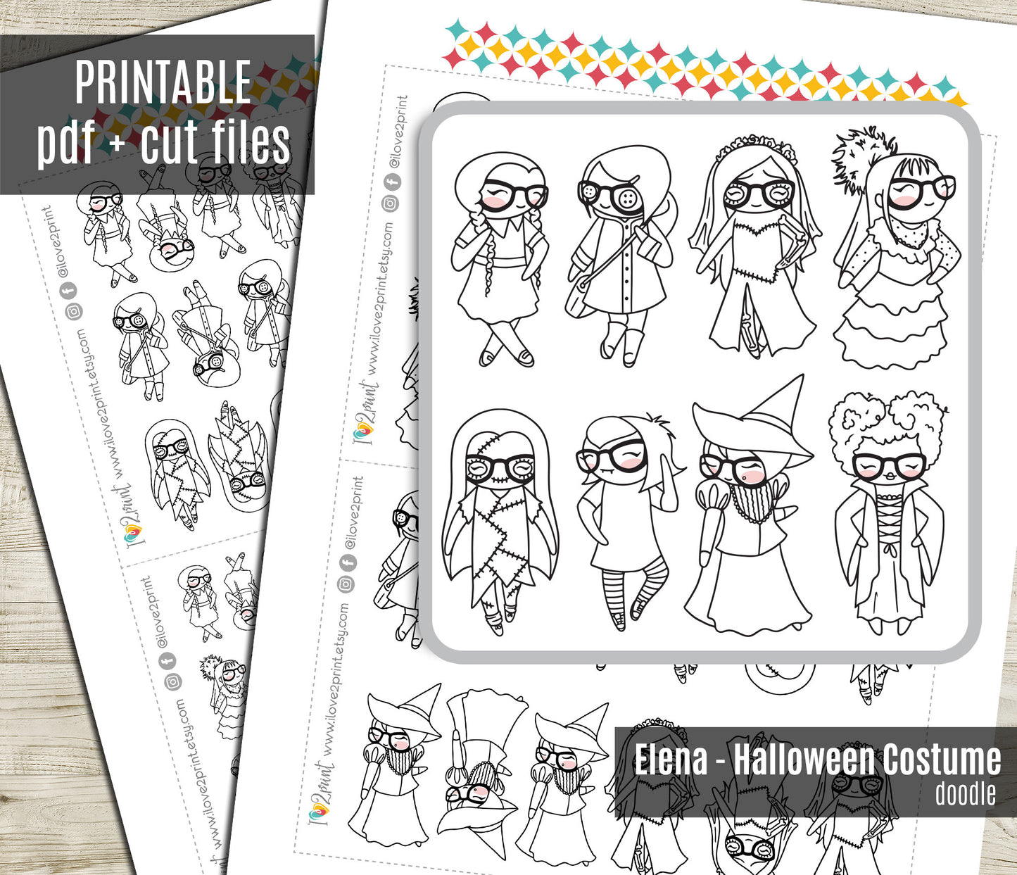 Elena Planner Girl – Halloween Costume DOODLE Printable Stickers – Famous Characters – PDF & Cut Files