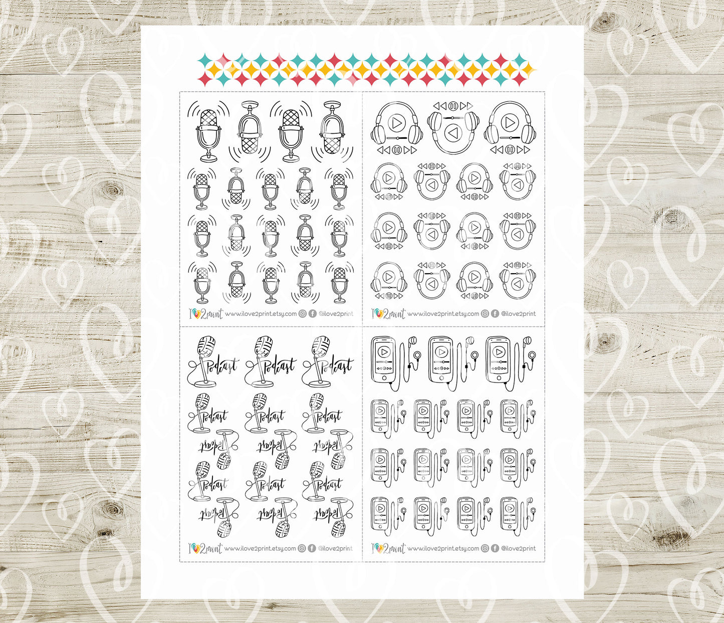 Elena Podcast Doodle Printable Planner Stickers | Outline Audio | 2 Sizes | PDF Cut Files